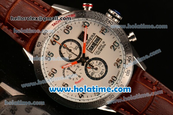Tag Heuer Carrera Calibre 16 100 Meters Chronograph Quartz Steel Case with White Grid Dial and Brown Leather Strap - Click Image to Close